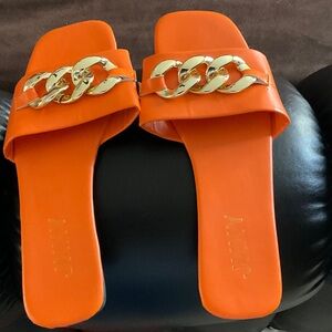 J. Crew Orange Slide Sandals with Gold Chain Accent